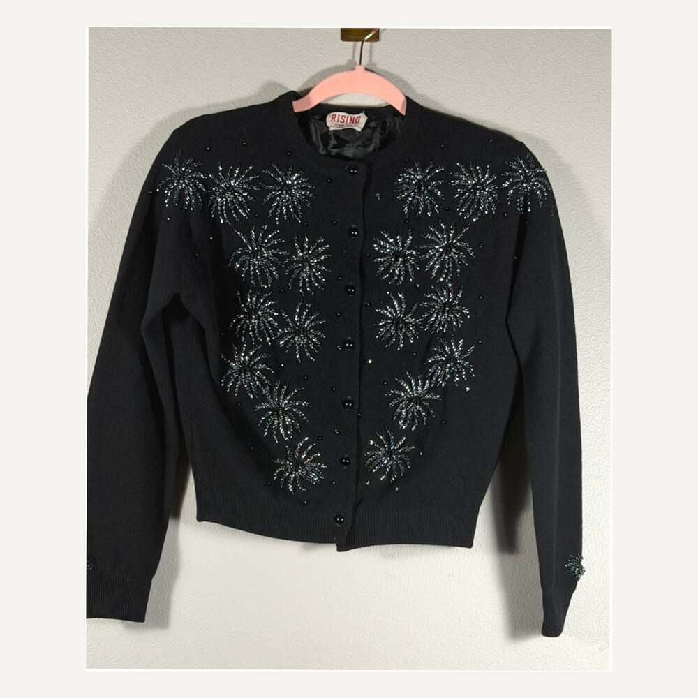 Rising Sun Co. Vintage Beaded Cardigan Size 38 Black Wool Fireworks